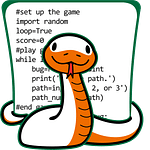 snake with python code, python programming for beginners icon
