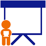 Child in front of a presentation screen. Icon for public speaking lessons.