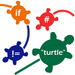 four turtles with python symbols, programming for kids icon