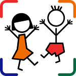 two children with their hands up in the air, all about me icon