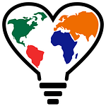 heart that looks like a light bulb, inside are continents to look like a globe